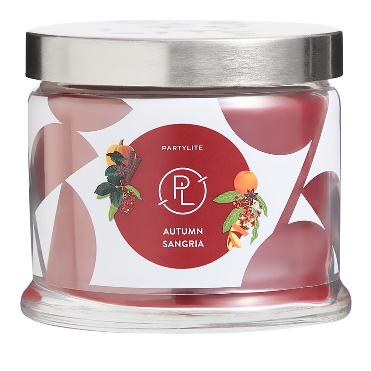 A PartyLite Autumn Sangria 3-Wick Jar Candle with a red and orange label, depicting fruits and autumn leaves, placed on a clear jar with a metal lid.