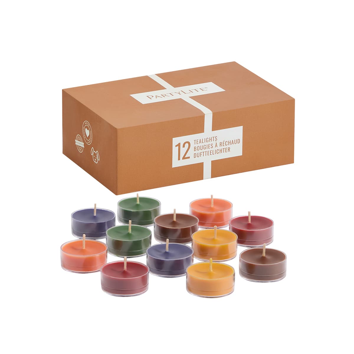 Cozy Cabin Life 12-Piece Tealight Sampler, with an assortment of colorful tealights against a white background.