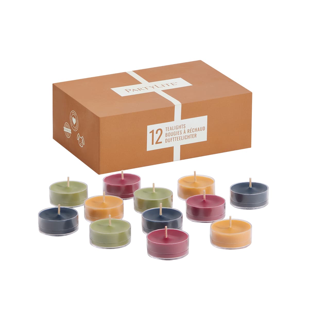 Holiday Hideaway 12-Piece Tealight Sampler, colorful tealights against a white background, shown with the sampler box.