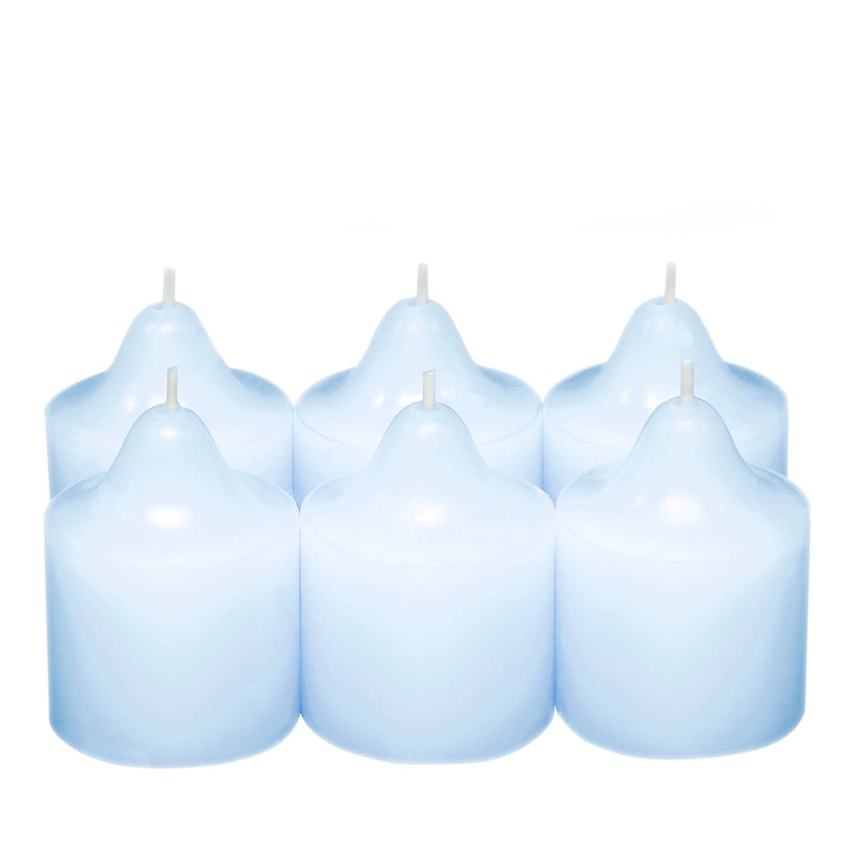 Snowflakes & Cotton Votive Candles six light blue votive candles against a white background.