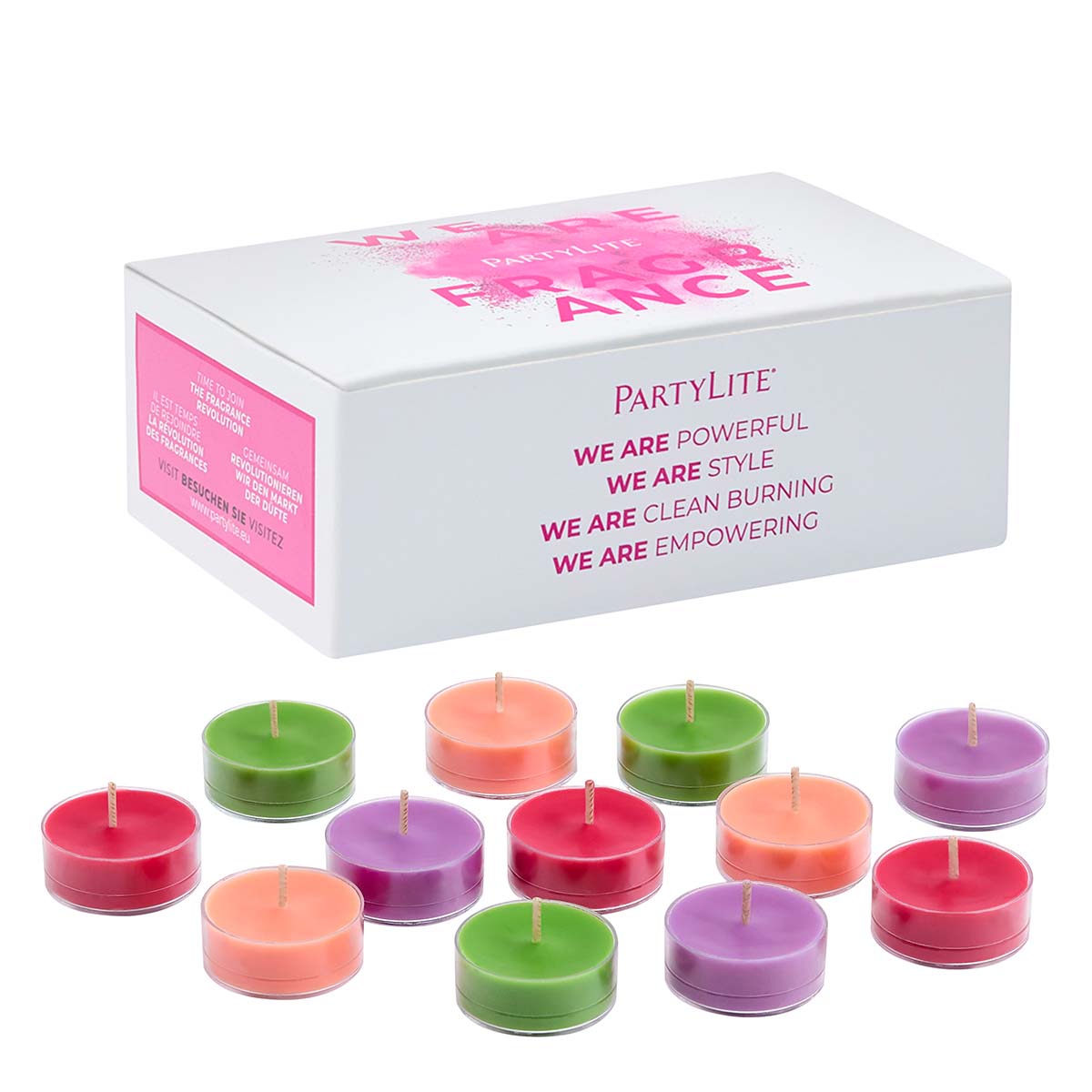 Garden Beauty 12-Piece colorful Tealight Sampler shown with the tealight box against a white background.