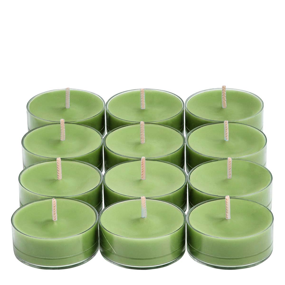 Twelve Farm Fresh Herbs green tealights against a white background.