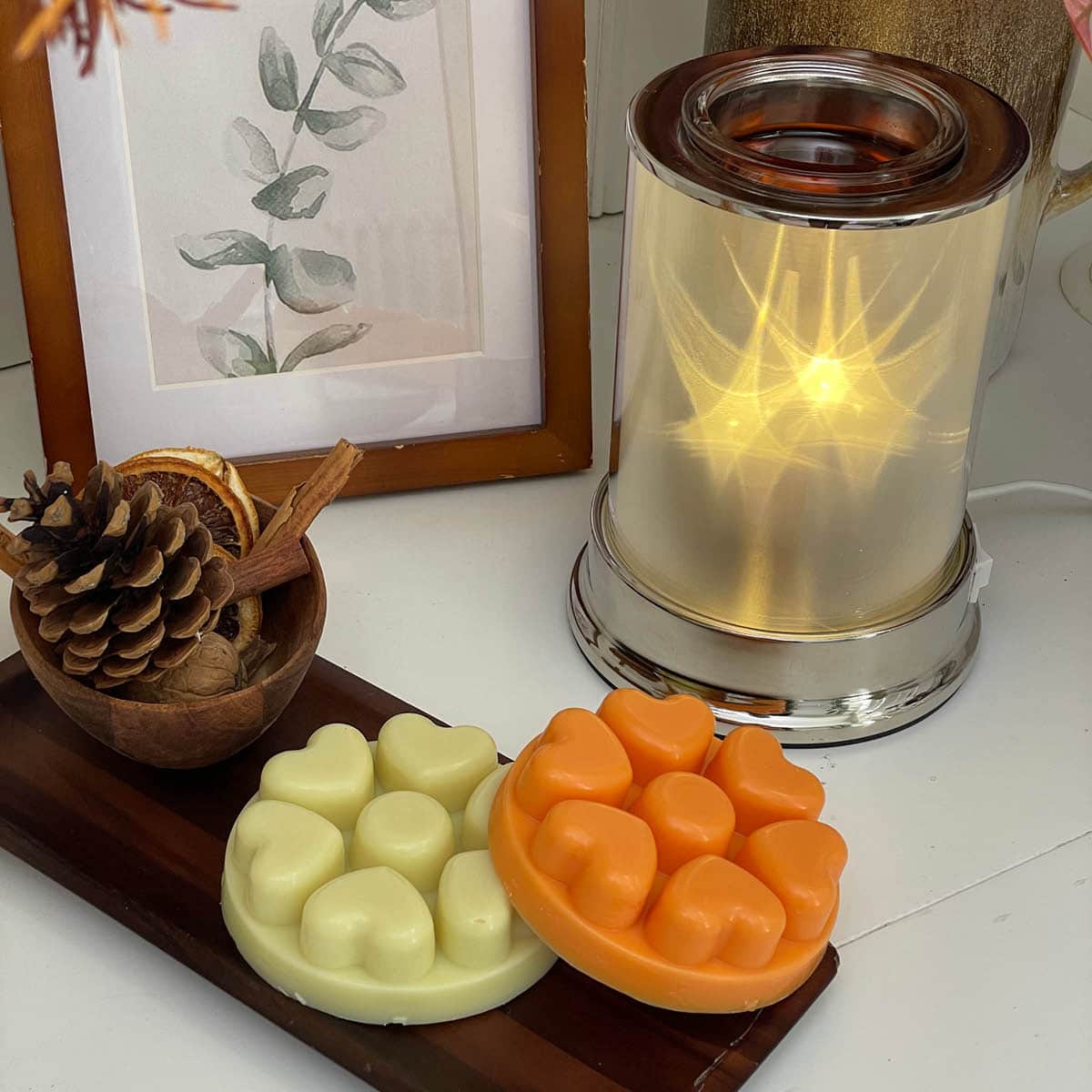 Variety of Heart Melts on table with pine cone and Starlight Scentglow Warmer