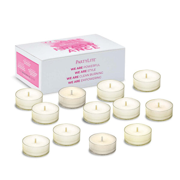 12 Forest Bathing Tealight sampler, white tealights, with the tealight box against a white background.