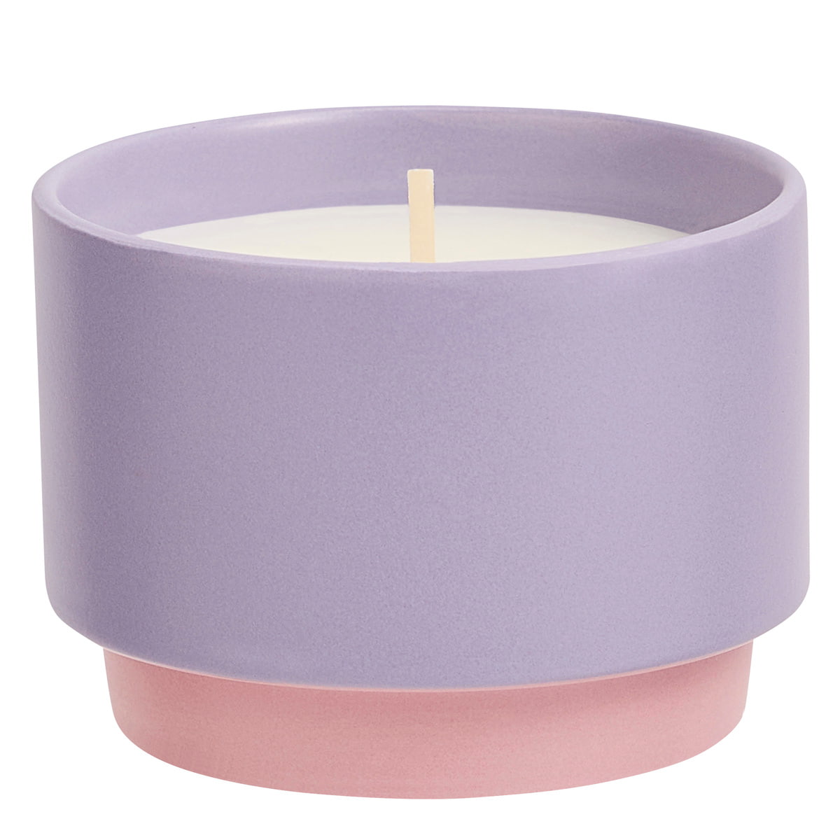 A ceramic jar candle with two-tone design, featuring a white wax Geranium Citronella candle in a purple and pink jar.